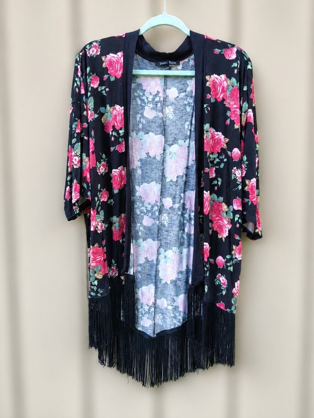 Sweet Rain Floral Kimono Fringe Large Cardigan Black Pink Shrug Boho Whimsigoth